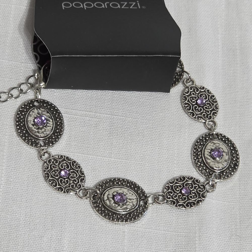 Paparazzi Silver Tone Purple Rhinestone Adjustable Link Bracelet Statement Jewel